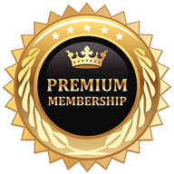 Gold circular badge with serrated edges featuring a black center circle. Inside the black circle is a golden crown icon above the text 'PREMIUM MEMBERSHIP' in gold lettering.